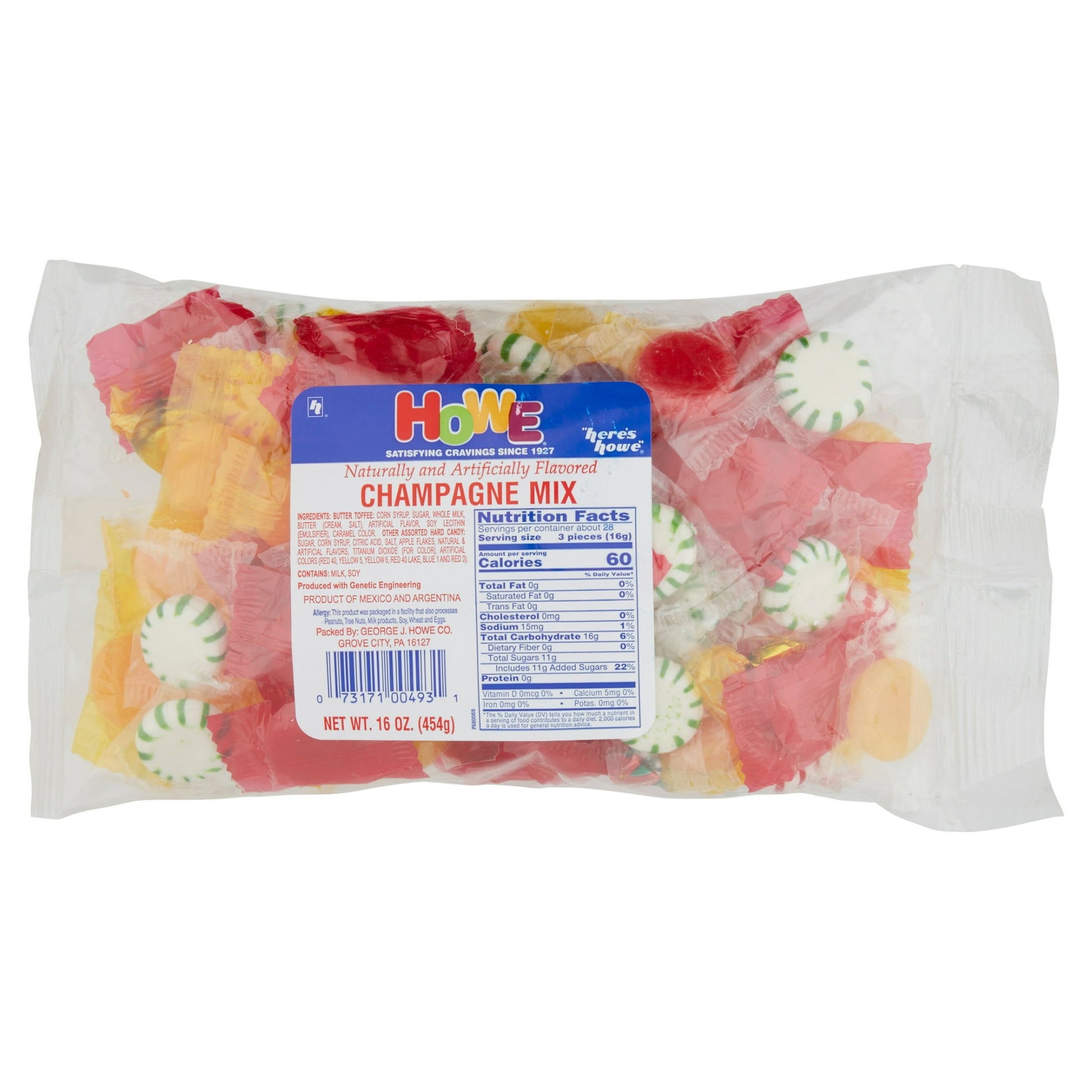 For the times when you crave a little flavor, thank goodness there's Howe Champagne Mix! With a colorful assortment of hard candies favorites, there's sure to be something for everyone in this 16 oz Bag! Need a quick mouth cleansing peppermint? Grab a mint starlight! Looking for a sweet creamy, buttery indulgence? Pick out a luscious butterscotch button! We have fruit lovers covered, too, with the popular strawberry bon-bons plus a nice mix of lip-smacking fruit buttons! All of the candies are individually 