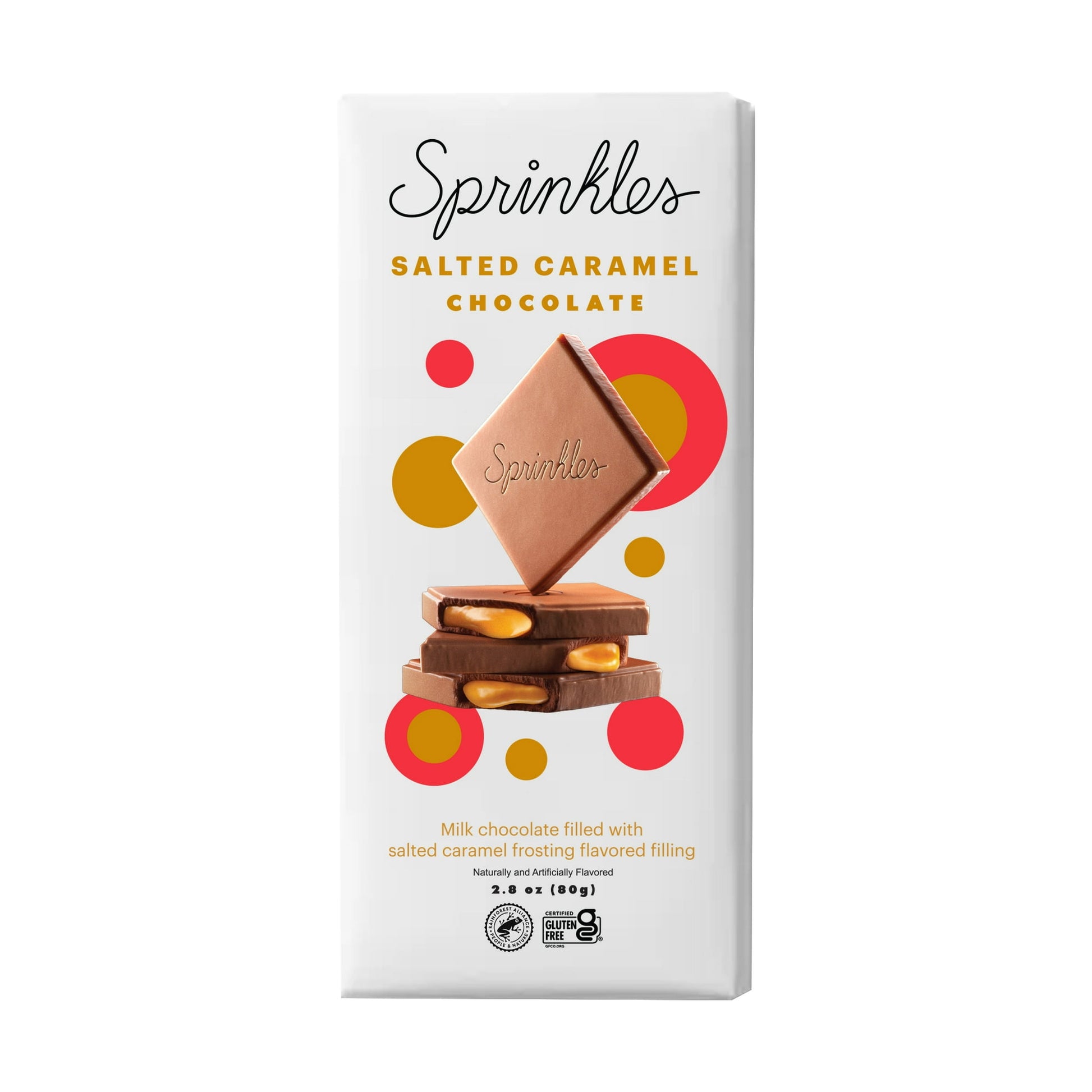 Sprinkles Salted Caramel Chocolate, where luscious milk chocolate surrounds a caramel-flavored center with a perfect hint of salty mischief. Why stop at cupcakes? Sprinkles Chocolates are inspired by our most iconic cupcake flavors and turn any moment into a sweet celebration. All Sprinkles Chocolates are certified gluten-free, Kosher, and Sprinkles is a proud partner of the Rainforest Alliance. Yes, please!