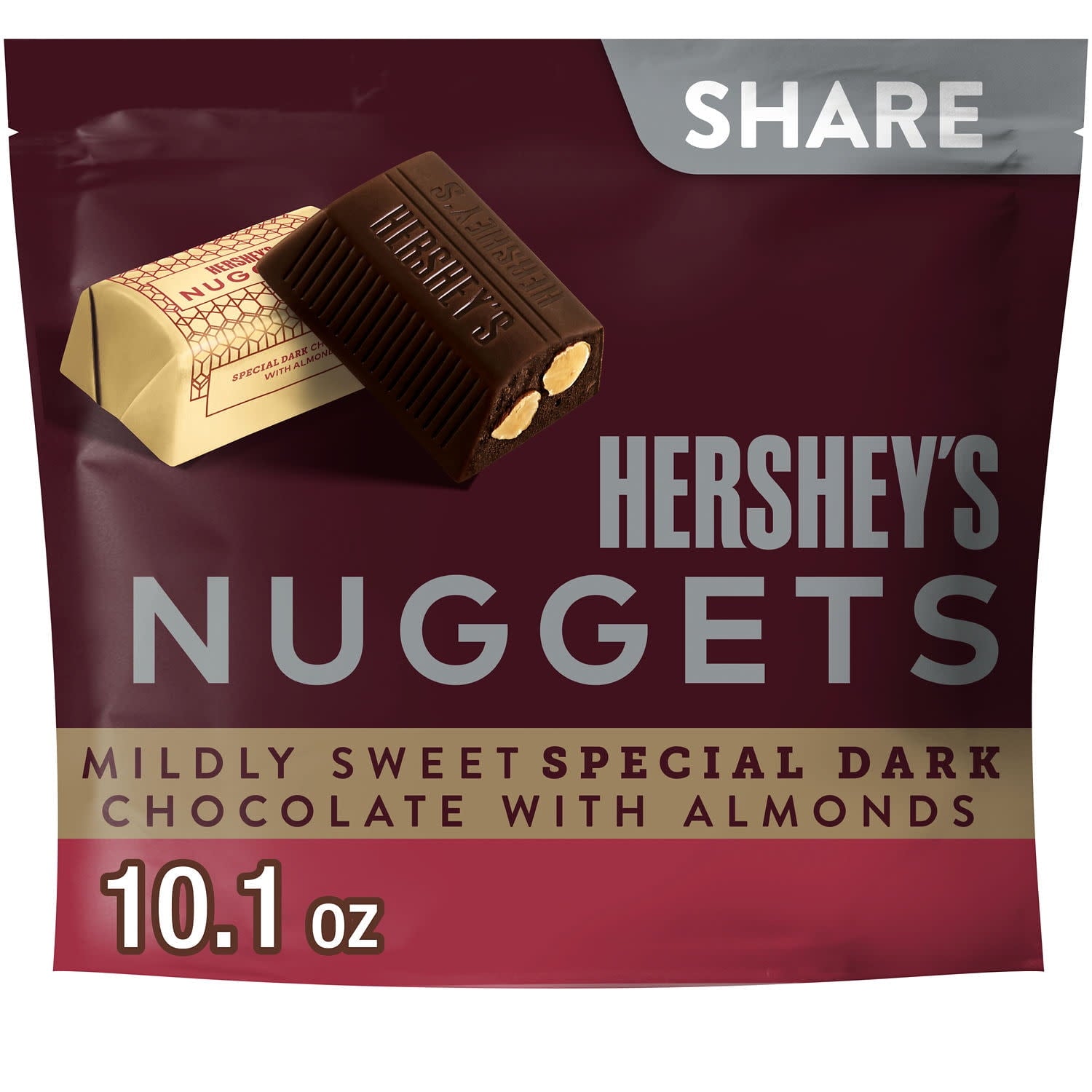 This HERSHEY'S NUGGETS SPECIAL DARK mildly sweet chocolate with almonds share pack is filled with delicious chocolate treats any dark chocolate and almond lover will adore. Each two bite candy offers creamy, delightful mildly sweet dark chocolate over crisp, crunchy almonds individually wrapped in stunning gold foil. Dress your kitchen table up with a bowl of HERSHEY'S NUGGETS goodies, surprise your co-workers with a filled candy dish or drop a handful of these treats into a party bag for an instant, anytim