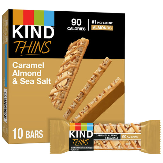 KIND THINS Caramel Almond & Sea Salt bars are a thinner take on your favorite KIND bar. With almonds as the #1 ingredient, these gluten free bars feature a thin layer of sliced almonds with a caramel coating and drizzle. These snack bars contain 4 grams of sugar and 90 calories per serving.