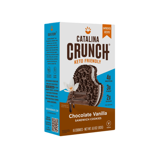 Catalina Crunch Chocolate Vanilla Sandwich Cookies offer you all the pleasure of a tasty snack, without going against a ketogenic diet plan. These naturally flavored cookies feature only 5 g of net carbohydrates per serving, and just 1 g of sugar, making them a sensible choice when the mood hits. Catalina Crunch Chocolate Vanilla Sandwich Cookies also deliver the essential mineral iron, along with 4 g of protein per serving, making them not only a crave-worthy snack, but one which offers important nutrition