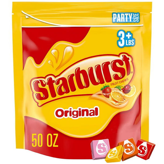 Enjoy your favorite fruity candy with enough to share with everyone. STARBURST Original Fruit Chew Candies are individually wrapped, making it easy to take these fruity treat on the go. Each party size pack of STARBURST Candies is perfect for stocking the office pantry, celebrating birthdays or sharing on game night. With STARBURST Original Fruit Chew Candy, there are endless ways to add a burst of unexplainably juicy flavor every day. This 50 oz party size pack includes all the STARBURST Original Candy fru