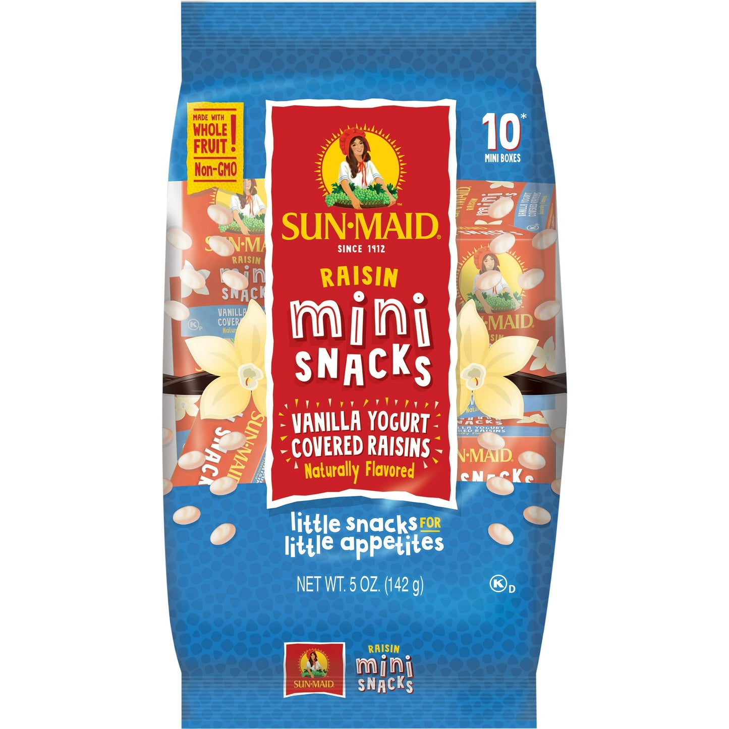 Sun-Maid® Mini Snacks® Vanilla Yogurt Covered Raisins - Kids crave, moms approve, made with whole fruit. Sun-Maid®’s timeless and trusted raisins wrapped in a decadent blanket of vanilla yogurt. A better for you, on-the-go snack that’s got your cravings covered. Sweet and creamy without the guilt of candy. Make Sun-Maid® Vanilla Yogurt Covered Raisins a part of your daily routine, at home or on the go.