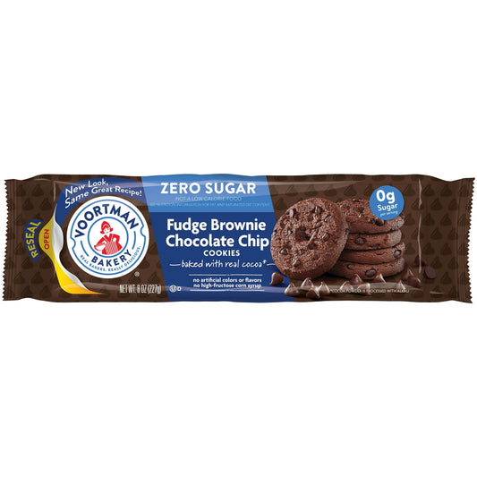 Who knew a sugar-free dessert could be so mouthwatering? Savor the gooey goodness of rich, delicious fudge brownies and sweet chocolate chips in a chewy, crave-worthy cookie. Even better, VOORTMAN Bakery Zero Sugar Fudge Brownie Chocolate Chip Cookies are made with real cocoa to bring exceptional quality and ultimate snack time enjoyment. With delicious chocolate chips, these cookies are nice and crisp and come in a resealable package.