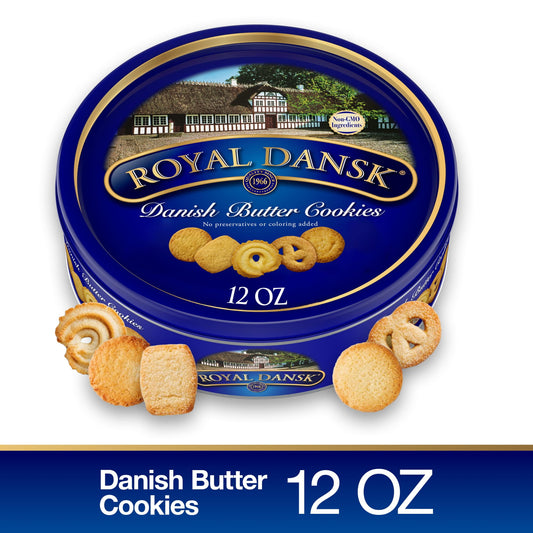 Indulge in the timeless pleasure of ROYAL DANSK Danish Butter Cookies, presented in a beautifully designed recyclable 12oz tin that reflects the heritage and craftsmanship of Danish baking tradition. Each tin of cookies is crafted with meticulous attention to detail, using real butter and non-GMO, premium ingredients to create a rich taste that has delighted cookie lovers for generations. This 12oz recyclable tin is filled with a selection of crisp, buttery cookies in signature shapes such as the Vanilla Ri