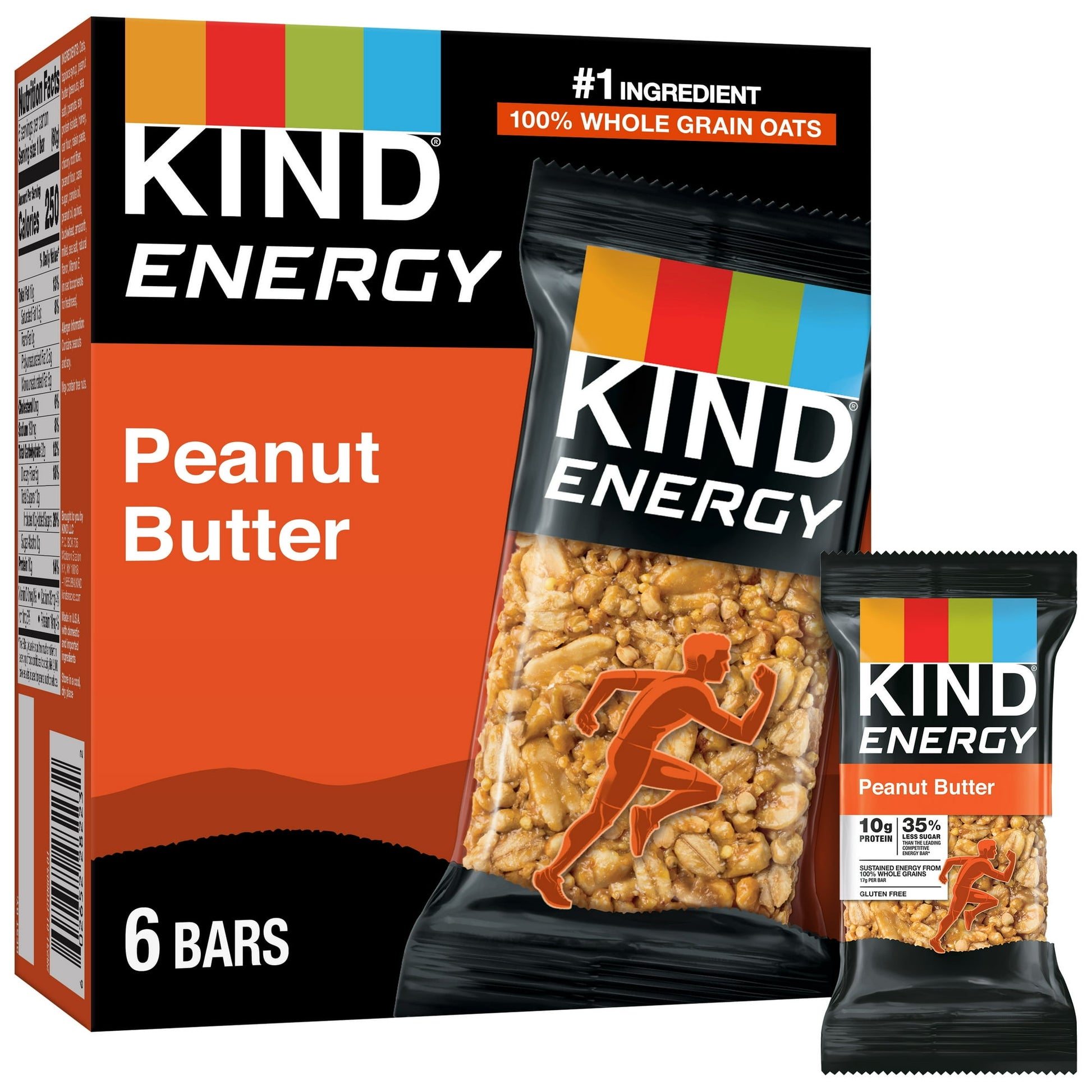 KIND Energy Peanut Butter bars are delicious snacks that help provide sustained energy from 17 grams of whole grains. These KIND Energy bars contain 100% whole grains - oats, quinoa, buckwheat, amaranth, and millet- with oats as the #1 ingredient. Creamy peanut butter and crunchy whole peanuts combine to deliver gluten free snacks with a soft, chewy texture. Grab these individually wrapped snack to take on your adventures. This grains bar contains 17 grams of whole grains and 10 grams of protein. With whole