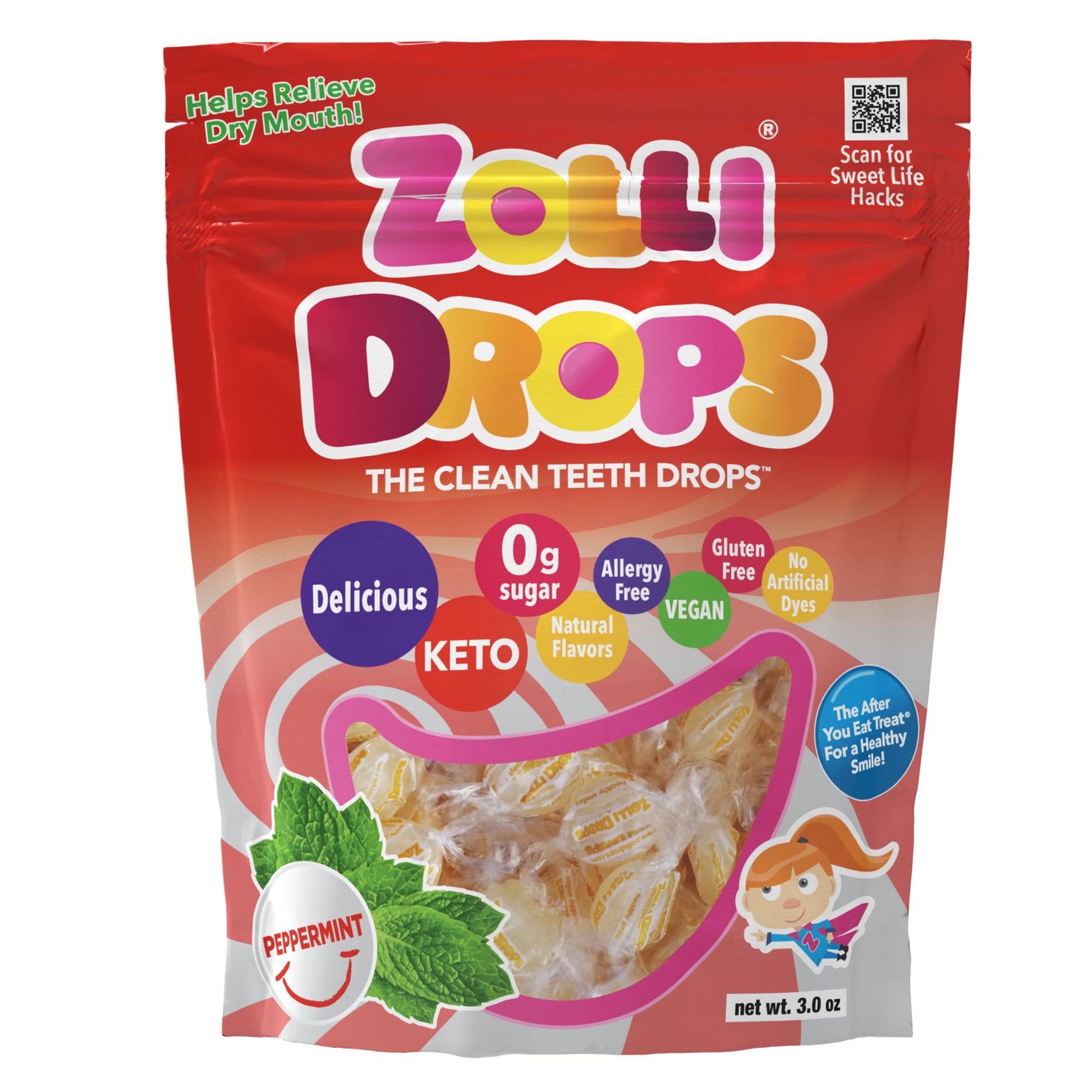 Delicious, natural, kid created, Mom approved Zollipops , Clean Teeth Anti Cavity Drops are no ordinary suckers. This candy is a supercharged with smile making, magical, teeth cleaning ingredients, including erytritol, xylitol and other natural ingredients. They help to reduce the acidity and raise the pH in your mouth after a meal to help your teeth re-mineralize and get stronger, faster to keep smiles healthy and happy. Zolli are sugar free, nut free, gluten free, dairy free, vegan, kosher, and contain no