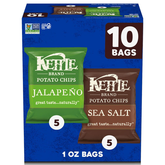 Grab a variety pack of individual-sized bags of your favorite Kettle Brand potato chips flavors: Jalapeno and Sea Salt. The variety pack of 10 is the perfect solution for family, or for when you want a little variety in your snack. Kettle Brand searches high and low for undisputed potato excellence. Determined not to disrupt flawless, spudsy goodness, these beauties are cooked, skins on, one batch at a time until golden. Everyone loves the flavor and crunch of these selections, whether it’s the spicy-ness o