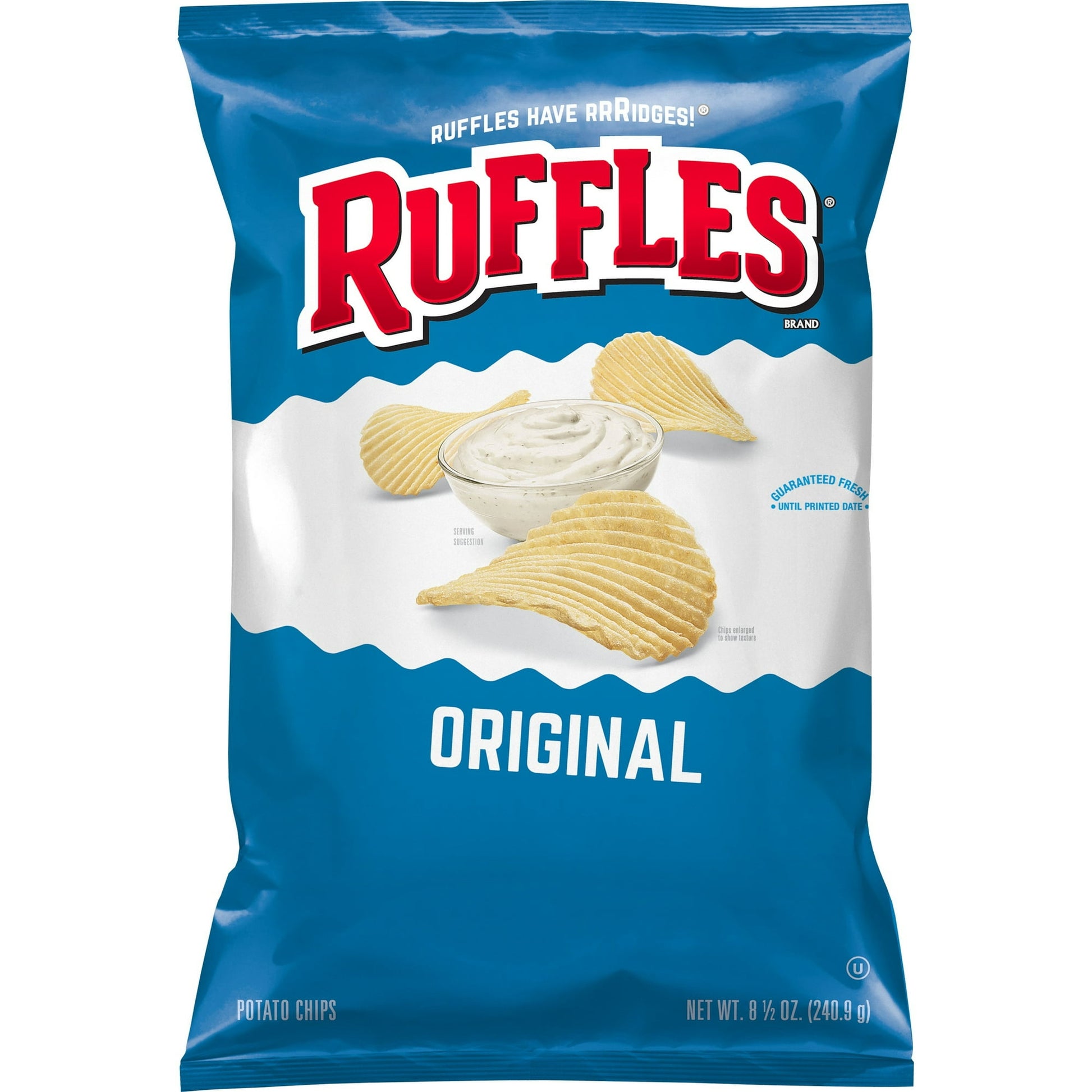 The salted classic. A thicker, sturdier potato chip with Ruffles® trademarked ridges. Ruffles Original Potato Chips (8.5 oz) deliver a classic, ridged crunch that’s perfect for dipping or enjoying straight from the bag. Made with high-quality potatoes and a sprinkle of salt, these chips offer a satisfying flavor and texture that elevates any snacking experience. Ideal for parties, picnics, or a tasty treat at home!