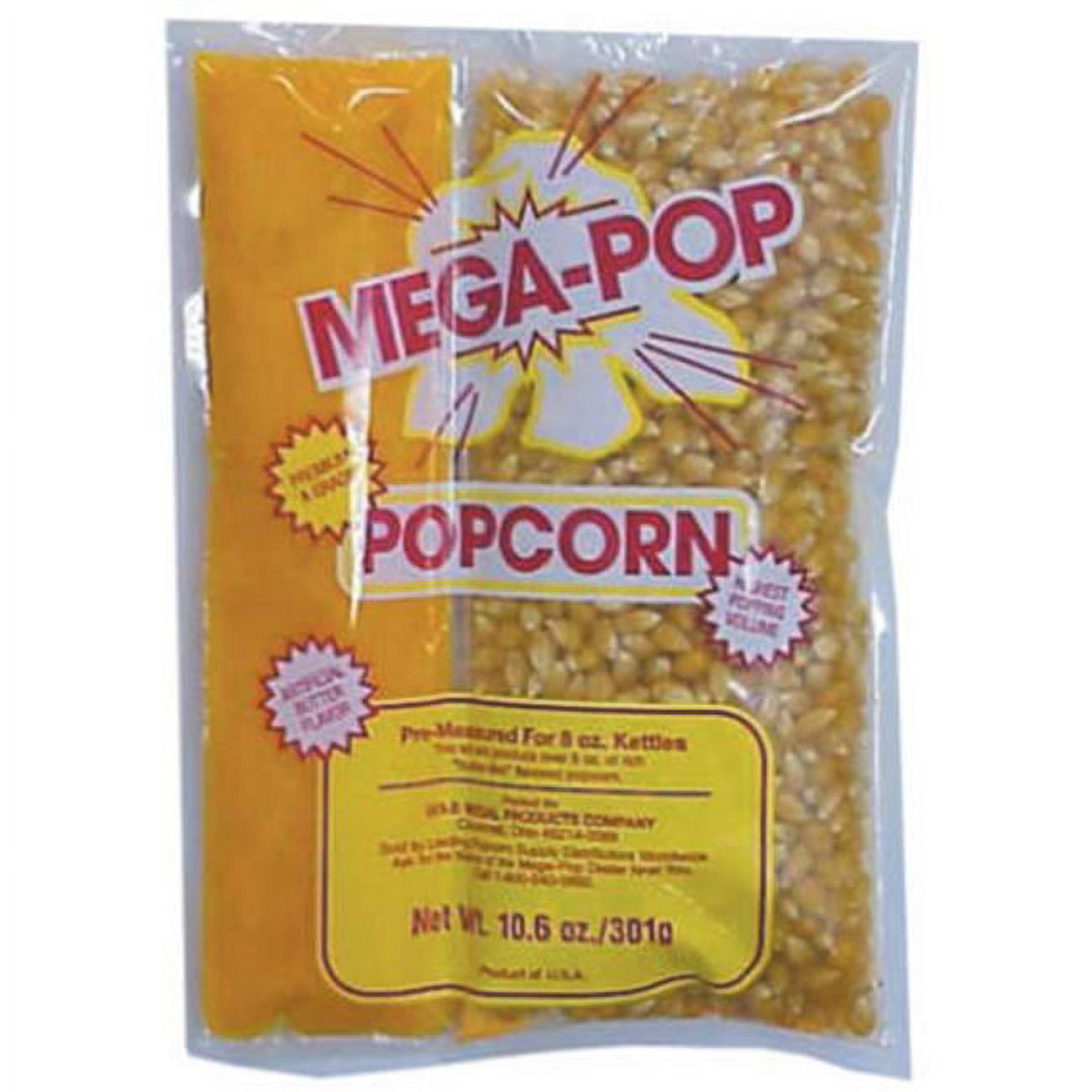 Everything you need to make popcorn in one convenient kit. Popcorn and salt on one side and butter-flavored oil on the other help make popping corn easy. Coconut oil is used to help enhance flavors and also works to keep your kettle cleaner than traditional oil. Use this item with 6-ounce or 8-ounce kettles. Simply pre-melt your popcorn oil or put it right into the kettle. After it has turned liquid, pour in your salt and kernels. As the popcorn kettle heats, the salt will let out a popcorn scent that'll he