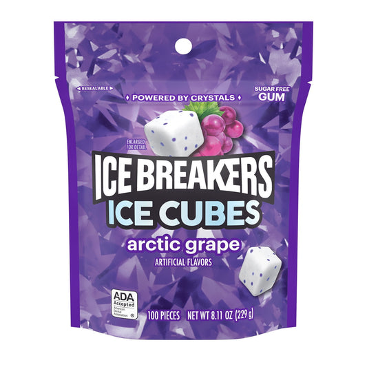 ICE BREAKERS ICE CUBES arctic grape flavored chewing gum is bursting with refreshing grape flavor. These fruity gum cubes are the perfect size for popping into your mouth whenever you're ready for delicious, invigorating flavor. With these convenient, 100-piece bags of ICE BREAKERS ICE CUBES gum, you can have a burst of grape flavored, sugar free gum by your side. Keep a bulk gum pouch with you in the car, at home and in the office for quick, delicious satisfaction.