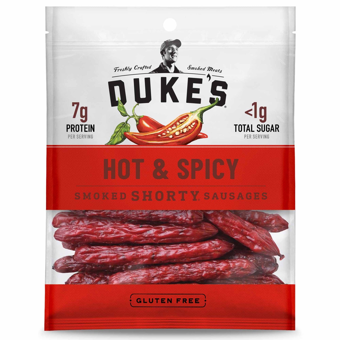 Short on size, not on flavor, Duke's Hot & Spicy Smoked Shorty Sausages are made from the best ingredients we could get our hands on and slow-smoked to be pint-sized perfections. Diced red and green serranos lend natural oils that add a flavorful heat reminiscent of freshly made salsa: It's a flavor you can’t get with just dried pepper powder. Made with fresh, never frozen pork, these delicious gluten-free meat snacks contain 7 g protein and 1 g sugar per serving.