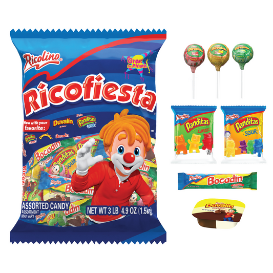 The Ricolino Ricofiesta Assorted Bulk Mexican Candy Bag is filled with Panditas Classic, Panditas Sour, Duvaleta lollipops and Duvalin Hazelnut Vanilla spread candies.* This assortment has over three pounds of treats, from hazelnut-flavored treats and lollipops to gummy treats. The assorted candy is the perfect fiesta candy, piñata candy, Halloween candy, holiday treats, and more. Share these irresistible, popular, and mouthwatering Hispanic candy treats with your family and friends. *Assortment may vary