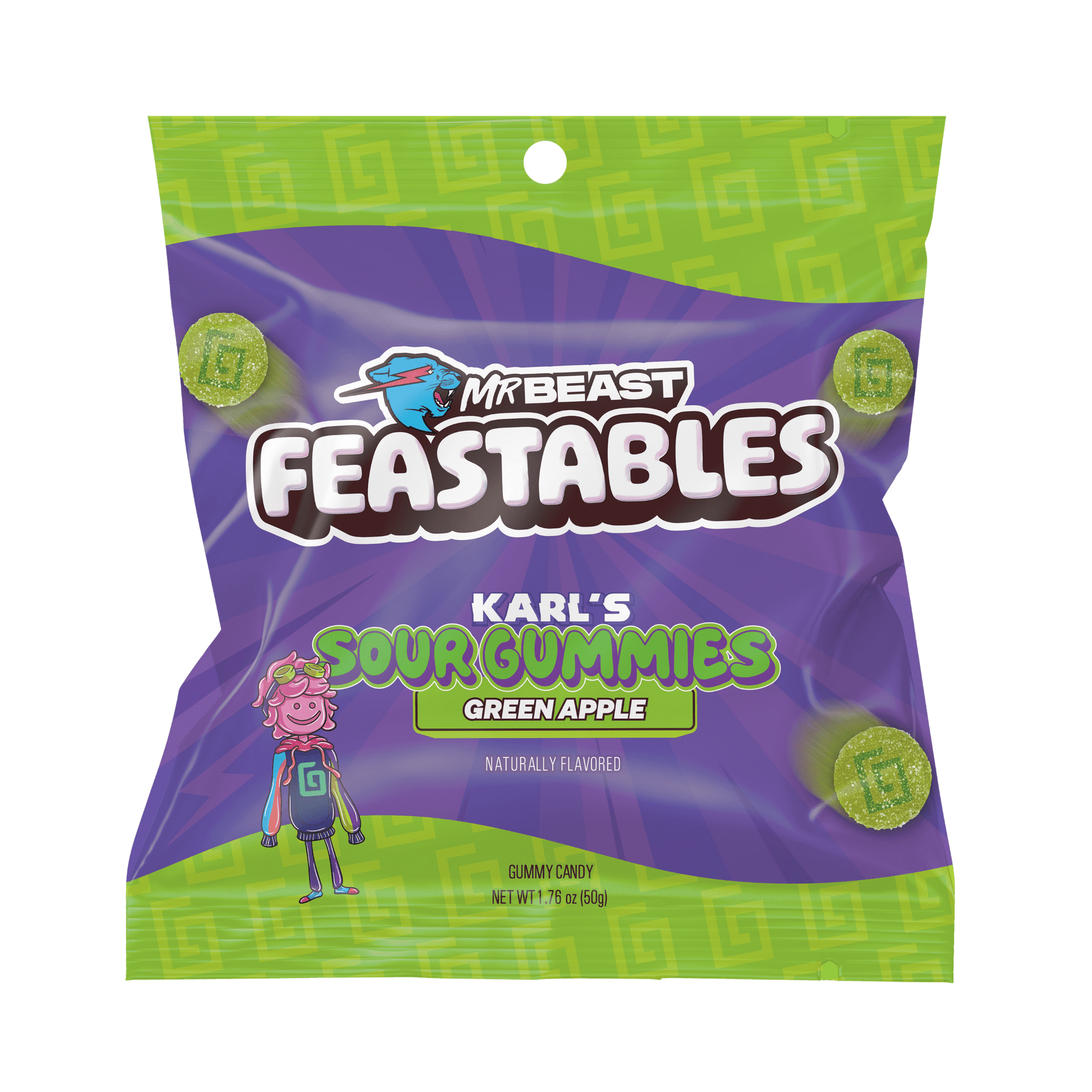 Mr Beast Karl Sour Green Apple Gummies offers better for you snacking, with better-than-ever flavor. Feastables is on a mission to change the way you snack. Founded by MrBeast (aka Jimmy Donaldson), we’ve created delicious snacks with ingredients you can trust. Our snacks will not only level up your day, but it will leave you wondering how you can get your hands on more.