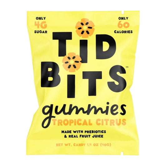 Our gummies are low in sugar, non-GMO, and low calorie making them the perfect guilt-free treat for anyone looking for a healthier alternative. Made with real fruit juice and prebiotic fiber, which promotes digestive health and supports the immune system. Using only natural sweeteners and avoid corn syrup, monk fruit, and stevia altogether. Each serving of Tidbits candy contains only 4 grams of sugar and 60 calories, making it an ideal option for health-conscious consumers.