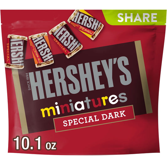 This HERSHEY'S SPECIAL DARK Miniatures candy assortment is filled with delicious chocolate treats any dark chocolate lover will adore. Fill a bowl with this dark chocolate candy mix, or fill a party bag with these chocolate candies for an instant, anytime gift for friends, family members or co-workers. This chocolate candy variety bag includes HERSHEY'S SPECIAL DARK mildly sweet chocolate candy bars, HERSHEY'S SPECIAL DARK chocolate with peanuts candy bars and HERSHEY'S SPECIAL DARK chocolate with crisped r