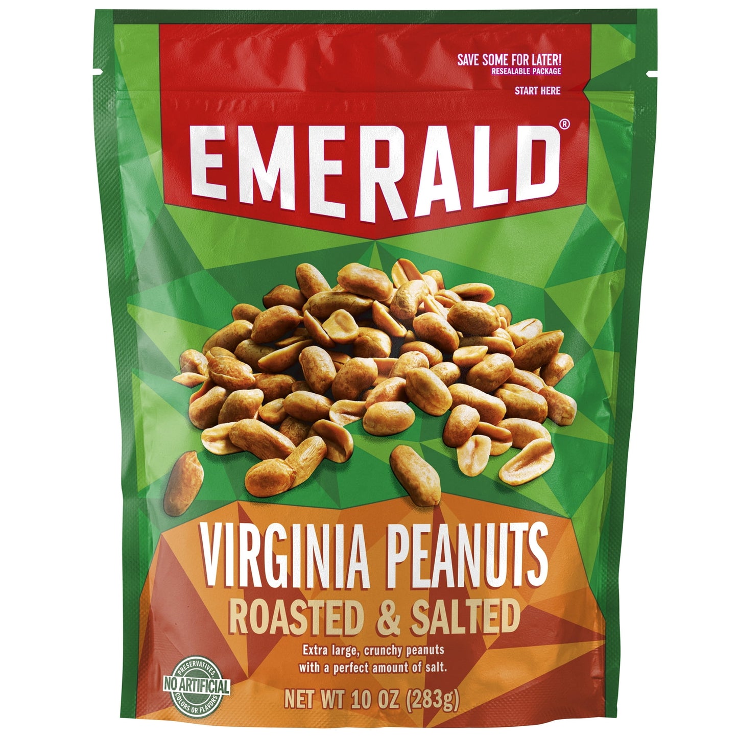 Emerald Nuts' extra-large, roasted & salted peanuts come in a 10 oz resealable bag so they stay fresh for later and are easy to take on the go. Emerald sources only the tastiest, highest quality nuts. Our secret is in our distinct flavor that each nut provides. Whatever the occasion, Emerald has the specific nut you are looking for. Since it's non-GMO, Kosher Certified, and contains no artificial preservatives, flavors or synthetic colors, it's a snack you'll feel good about!