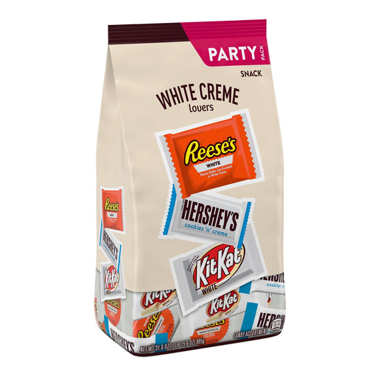 Enjoy a delicious white creme flavored treat anywhere and anytime with HERSHEY'S, KIT KAT® and REESE'S assorted white creme flavored candy, perfect for celebrating the biggest holidays and all of the ordinary moments in between. Offering three crowd-pleasing favorites, this candy assortment is perfect for sharing with family, friends, teammates or co-workers. Take this variety candy bag into the office break room, pour some individually wrapped candies into your jar at home or take a box to your next sports