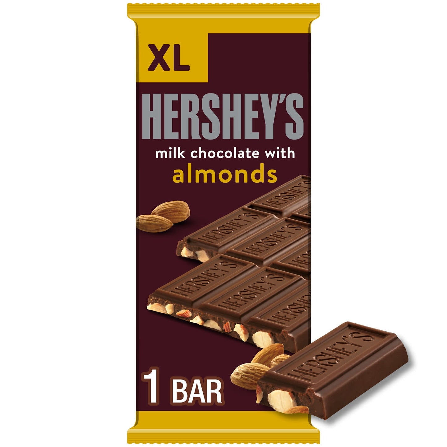 Made from deliciously creamy milk chocolate, this HERSHEY'S XL milk chocolate almond bar is a elevated take on a classic that's been enjoyed for decades. Whether you enjoy this extra large candy bar alone or shared with loved ones, you can count on this sweet to put a smile on any face. This larger than life candy bar is the perfect treat for countless special and everyday occasions. HERSHEY'S XL milk chocolate almond candy bars can be used to stuff Christmas stockings, Halloween trick-or-treat bags, Easter