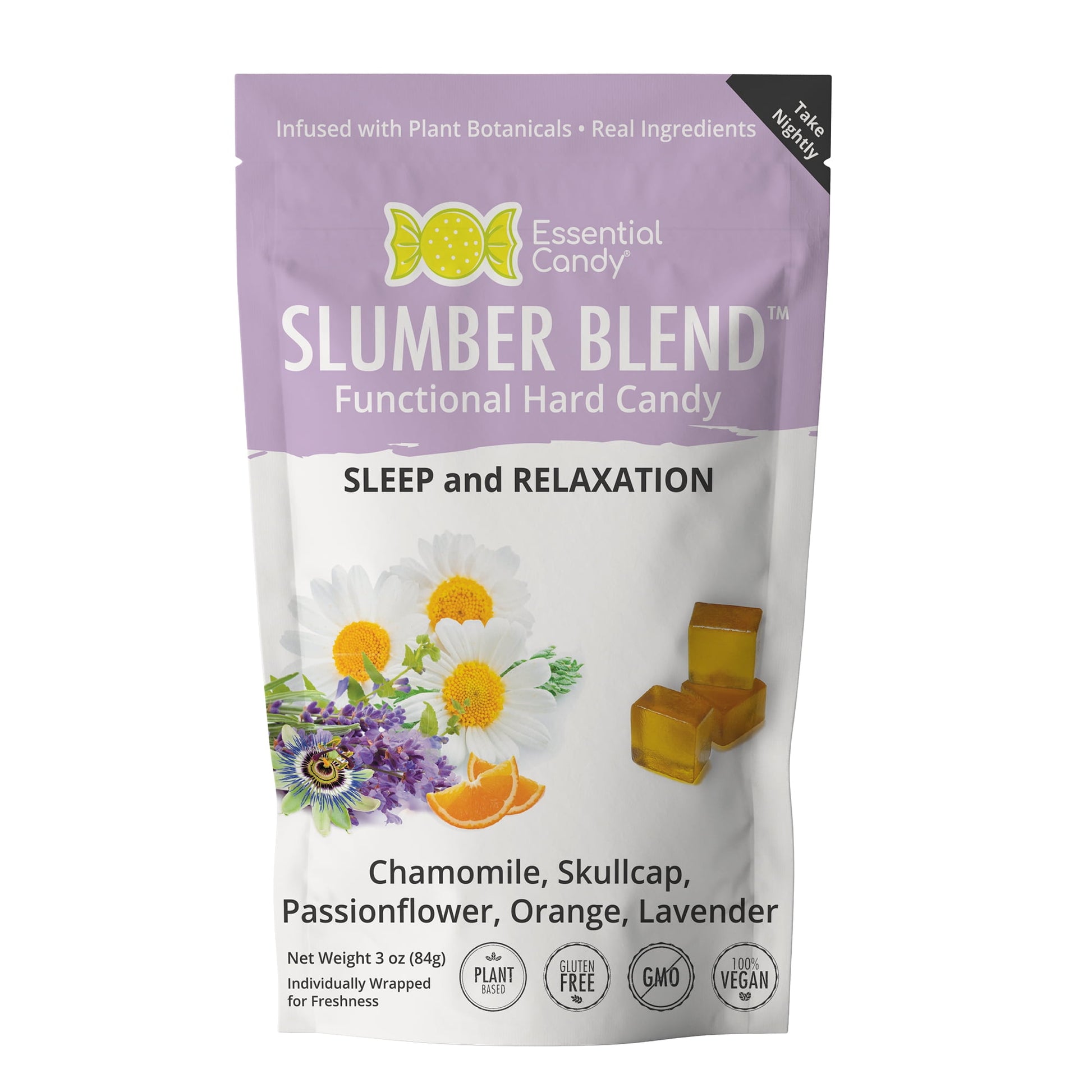 Slumber Sleep Blend™ Functional Hard Candy: Calm Your Mind and Prepare for Rest Enjoy a restful night's sleep with Slumber Blend™ Functional Hard Candy. Each candy is made with organic ingredients like chamomile, skullcap, passionflower, lavender, and orange to help you relax and get ready for bed. Chamomile and lavender provide calming effects, while skullcap and passionflower help reduce tension and promote peaceful sleep. The touch of orange adds a light citrus flavor to enhance relaxation. These candies