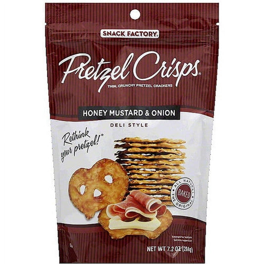 Pretzel Crisps Honey Mustard and Onion Pretzel Crackers are a modern twist on an old favorite. You can enjoy the baked flavor and hearty crunch all alone or with your preferred dip or topping. These pretzel crackers take the most beloved part of the pretzel with all the taste and texture and make it lighter, crispier and more versatile than usual. You can crunch them, crack them, dip them or even stack them. Whether you like them plain, dipped, or paired with your favorite toppings, these deli style baked c