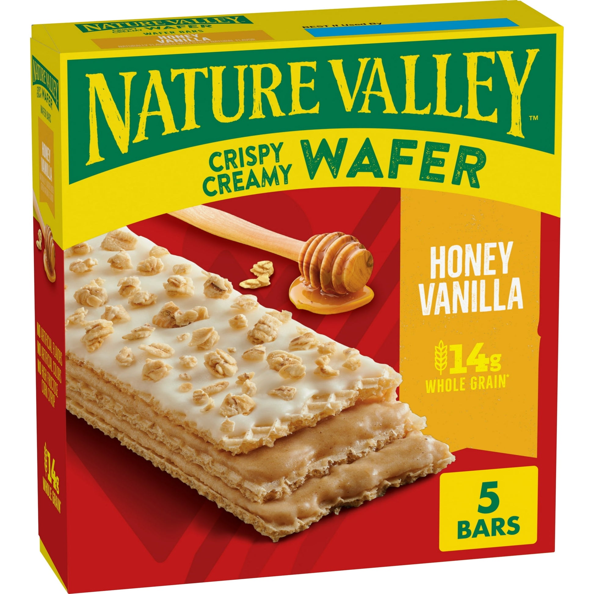 Indulge your crispy, creamy cravings with delicious Nature Valley Honey Vanilla Wafer Bars. These snack bars are made with light and crispy whole grain wafers, layers of honey vanilla flavored filling, and a sweet topping with crunchy granola. Each serving contains 14g of whole grains (at least 48g recommended daily). The individually wrapped snack bars contain no artificial flavors or colors, and no high fructose corn syrup. Reach for these honey vanilla wafer bars during an afternoon break. Make them your