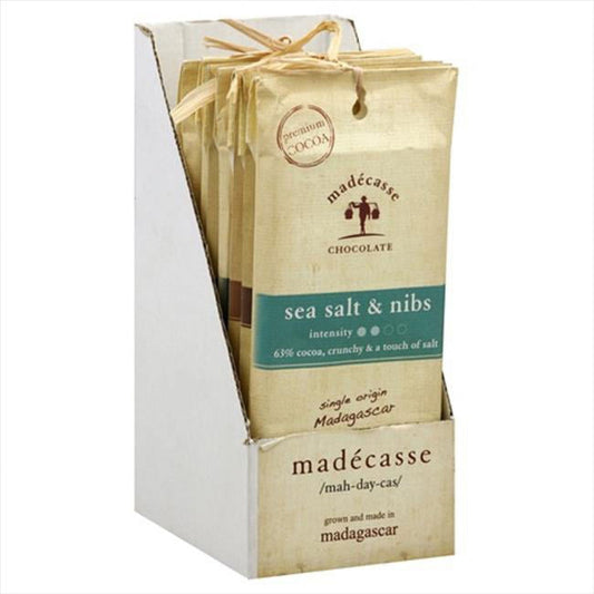 Madecasse sea salt & nibs dark chocolate bar is a uniquely delicious chocolate made from organic heirloom cocoa. Our 2.64 oz. Sea salt & nibs dark chocolate bar is not only made from a rare cocoa bean but it is also made with all organic ingredients like cane sugar and cocoa butter. Here at madecasse we also strive to have 100% of our direct trade certified chocolates made right in madagascar from bean to bar to give you the best quality chocolate we can make. country of origin : united states is gmo free :