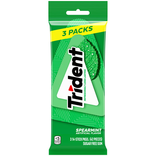 Trident Spearmint Sugar Free Gum puts on a green super hero cape and becomes the Cool Crusader of Spearmint Freshness. With 30% fewer calories than sugared gum, Trident spearmint gum is sweetened with xylitol. Chewing Trident after eating and drinking cleans and protect teeth. Bulk chewing gum packs provide enough to share at home and the office. Peanut and tree nut free. Regular size. 42 total pieces.