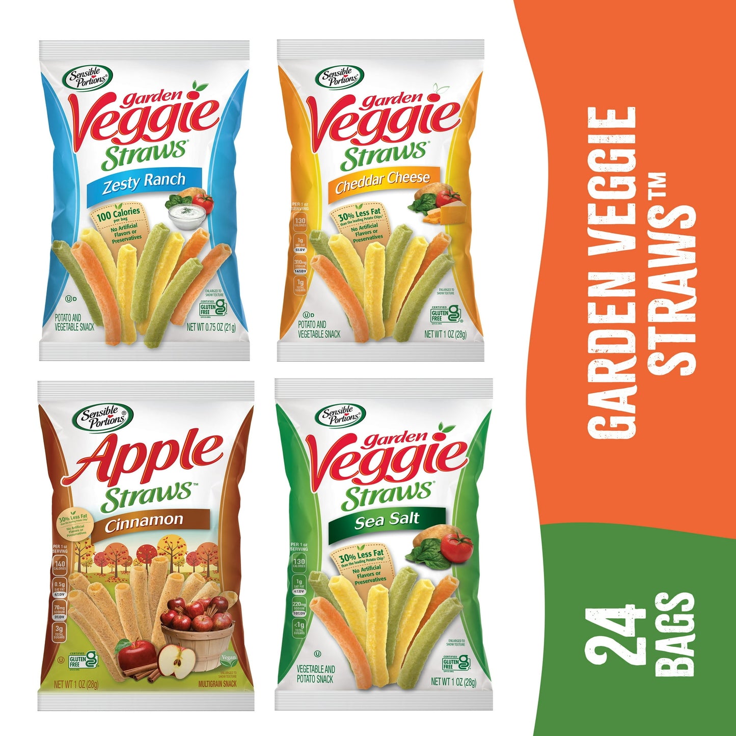 Sensible Portions Veggie Straws deliver a great-tasting, fun-to-eat, crunchy snack you just can’t wait to munch on. This multi-pack contains Zesty Ranch, Cheddar Cheese, Sea Salt, and Apple Cinnamon, six of each flavor. We sprinkle just the right amount of seasoning to complement the delicious flavor, a combination that can’t be beaten. Our irresistibly crunchy straws are made with flavorful ingredients and have 30% less fat than the leading potato chip*. Each individually packaged bag is perfect for on-the