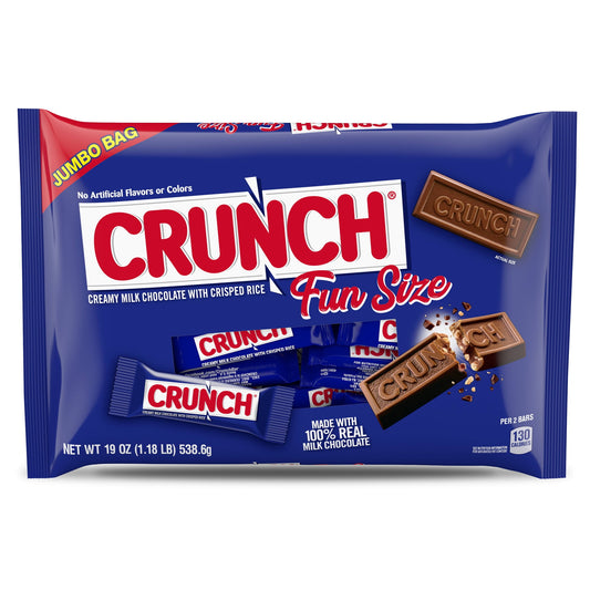 Get your sweet treat on with CRUNCH Fun Size candy bars in a shareable bag. These fun sized bars are small in size but big on taste. Packed with creamy 100% milk chocolate and crisped rice, these treats are easy to snack on and enjoy. The shareable pack lets you take these irresistible chocolate bars anywhere and share with anyone. They're great for the home or office candy bowl, school lunch boxes, parties, get-togethers, dessert or a movie night. CRUNCH is made with no artificial flavors or colors. CRUNCH