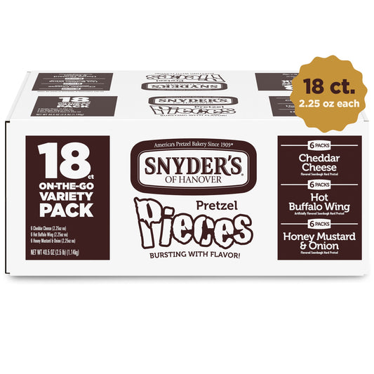 Snyder's of Hanover Pretzel Pieces are bursting with craveable flavor in every bite! Enjoy individual bags of Honey Mustard and Onion, Hot Buffalo Wings, and Cheddar Cheese in one convenient variety pack. You'll love the crunch, hearty satisfaction, and bold flavor in every bite of Snyder's Pretzel Pieces. Our pretzel pieces are the perfect snack to crunch on during game day or as a lunchtime side. Snyder's of Hanover has been America's Pretzel Bakery since 1909, and our pretzels give you that delicious cru