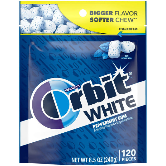 Boost your confidence with a brilliant smile from the gum that helps keep teeth white.* ORBIT Gum WHITE Peppermint Sugarfree Chewing Gum is made with a delicious mint flavor for a clean and fresh feeling, so you're ready to seize the moment whenever it arrives. This chewing gum bulk pack contains 120 pieces in a resealable bag. Stock up your car or pantry with this delicious sugarfree gum. ORBIT WHITE Peppermint Sugarfree Gum is also a great for Christmas stockings or fun birthday gifts. With ORBIT WHITE Gu