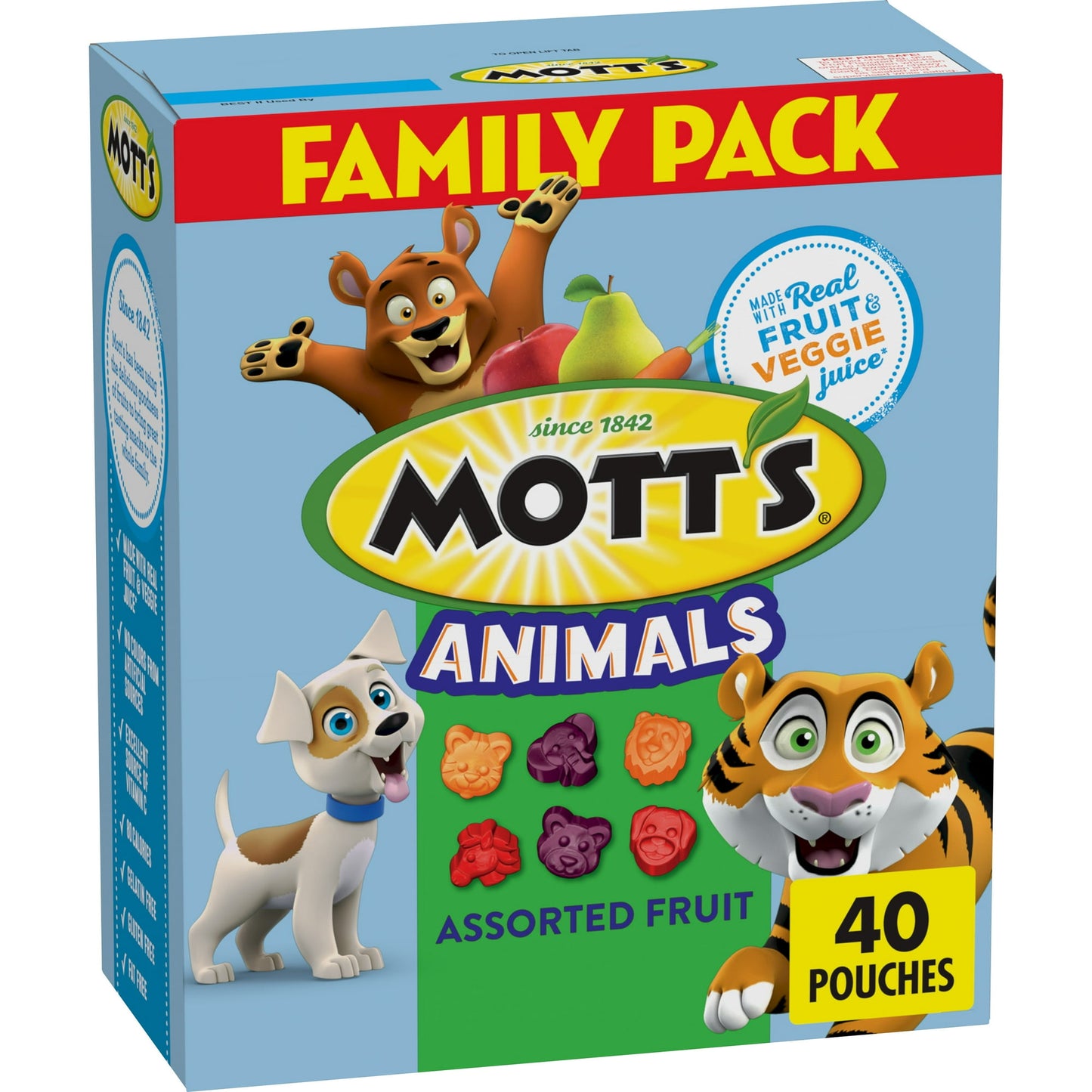 When you need a tasty snack for kids of all ages, choose the juicy taste of Mott's Animals Assorted Fruit Flavored Snacks! Not only are these bite-sized, animal-shaped gummies delicious, but they are also made with real fruit and veggie juice.* These gluten free fruit flavored snacks have 60% daily value of vitamin C per serving. They're gluten free, gelatin free, fat free, and have no colors from artificial sources. You've found the perfect after school snack that's a win for you and your kids! Individual 