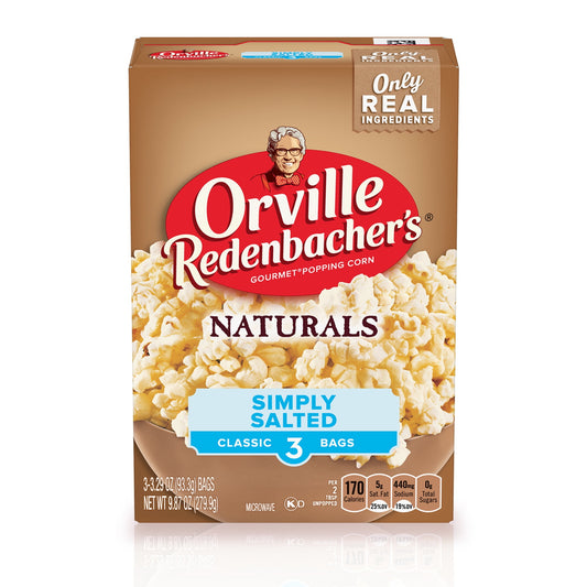 Orville Redenbacher's Naturals Simply Salted Popcorn is 100% whole grain microwave popcorn, made with high-quality kernels, salt, and oil-and nothing else. Orville Redenbacher's is the only leading brand of microwave popcorn with no artificial preservatives, flavors, or dyes in all of our products. Orville Redenbacher's isn't just a name-it comes with a promise of excellence and authenticity. This microwave popcorn is a family-favorite snack, with 170 calories per serving and 0 g trans fat per serving. Pair