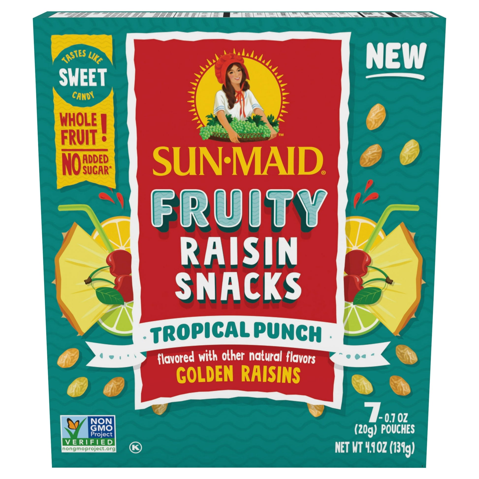 Sun-Maid® Fruity Raisin Snacks Tropical Punch - Tastes like Candy. Counts as Fruit. If it's called a fruit snack, it should be real fruit, right? Yet today it's so hard to find fruit snacks that are real whole fruit. Even the choices marketed as “natural” come loaded with added sugars and other ingredients that simply don't belong. But not ours! Sun-Maid® Fruity Raisin Snacks are jam-packed full of flavor and goodness without added sugars. We mixed our favorite dried fruit with our favorite flavors to creat