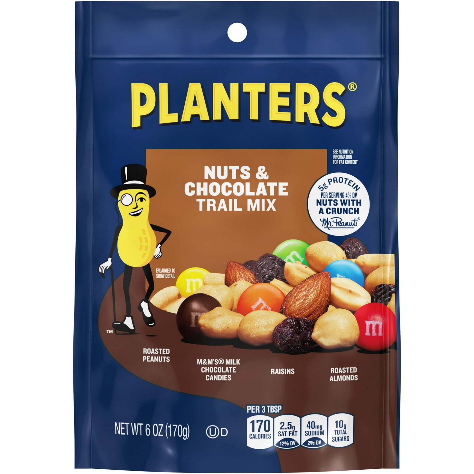 Nuts & Chocolate Trail Mix Roasted Peanuts • M&M'S® Milk Chocolate Candies • Raisins • Roasted Almonds Planters Trail Mix blends high quality ingredients into great tasting and wholesome mixes. The Nuts & Chocolate mix includes Planters expertly raosted peanuts and almonds, delicious M&M'S® Milk Chocolate Candies and plump sweet raisins that help satisfy your hunger and give you energy.