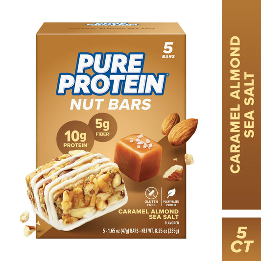 Pure Protein Caramel Almond Sea Salt Nut Bars are an indulgent yet wholesome plant-based protein bar made with real almonds, held together by creamy salted caramel and drizzled with white chocolate. With 10 grams of protein, 4 grams of sugar, 5 grams of fiber, each bar is gluten free with no artificial sweeteners - this is a treat you can feel good about. Pure Protein products contain 5g of sugar or less.