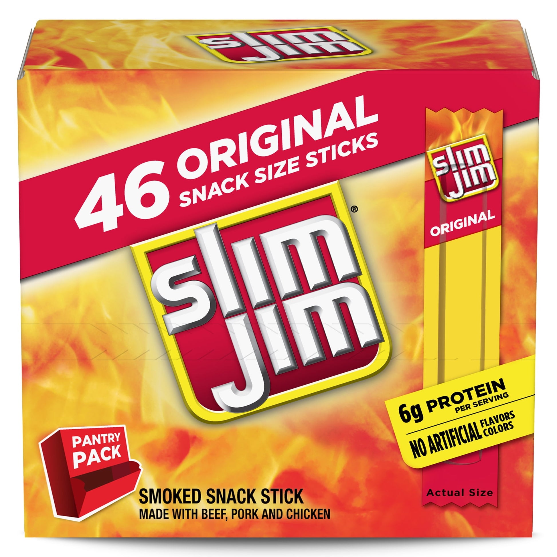 Experience intense, smoky flavor with a delicious Slim Jim Original Smoked Snack Stick Pantry Pack. Made with beef, pork and chicken, these irresistible meat sticks contain no artificial flavors or colors for full meaty flavor everyone can love. Each savory snack stick serving is loaded with 6 grams of protein, ideal for protein snacks that kick hunger to the curb and leave you feeling satisfied. These individually wrapped snacks go where you go and are perfect as travel snacks, school snacks or anywhere me