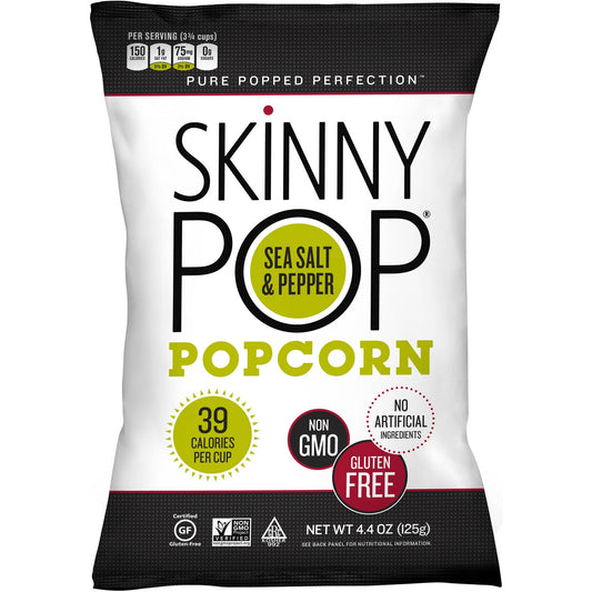 Movie time, or any time, just got a lot more delicious with Skinny Pop Sea Salt and Pepper Popcorn, 4.4 oz, Pack of 12. It has just 39 calories per bag and contains no artificial ingredients, gluten or trans fats. Skinny Pop popcorn is a non-GMO product and an ideal source of fiber.