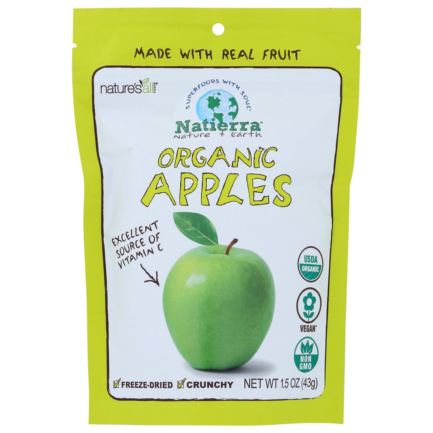 ENJOY NATIERRA ORGANIC FREEZE DRIED APPLES, A HEALTHY AND PORTABLE SNACK THAT IS FREE OF ALL CHEMICALS AND PRESERVATIVES. OUR ORGANIC FREEZE DRIED APPLES ARE A DELICIOUS TREAT THAT YOU AND YOUR FAMILY WILL ENJOY. EACH 1.5 OZ. BAG CONTAINS THE EQUIVALENT OF 11 OZ. OF GRANNY SMITH APPLES. YOU CAN ENJOY THIS TREAT AT HOME OR ON THE GO.