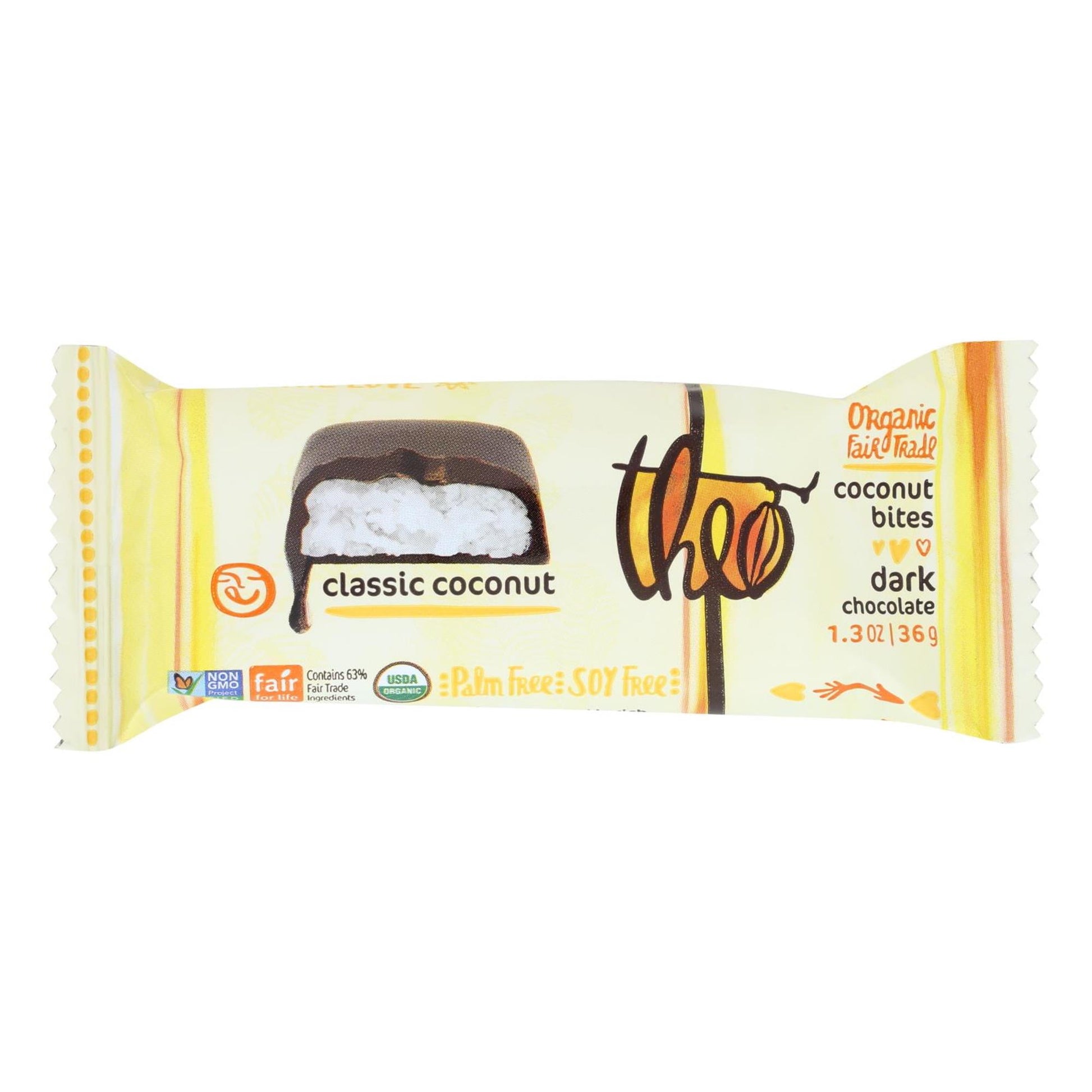 Theo Chocolate Dark Chocolate Coconut Bites Are Usda-Certified Organic And Non-Gmo Project Verified. Each 1.3 Oz. Package Contains A Single Serving Of 2 Pieces With 190 Calories Per Serving. Our Coconut Bites Are Kosher And Vegan For Those With Dietary Restrictions. They Are Also Fair Trade, So You Can Feel Good About What You'Re Eating. See Nutrition Facts Panel For Allergens.