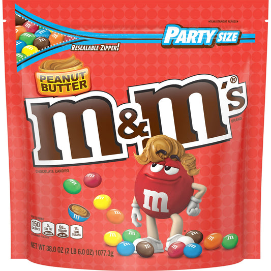 Make snacking tasty and fun when grabbing M&M's, Peanut Butter Chocolate Candy. The iconic taste of the classic only gets better. M&M Peanut Butter candy is a tasty chocolate that's ideal for any occasion, such as for parties, baking, road trips or filling the candy dish. Best of all, this party-size 38-oz candy bag features a resealable zipper to help keep everyone's favorite treat fresh and to keep the fun contained when on-the-go. The M&M party size will add a colorful fun splash to the day with a crunch