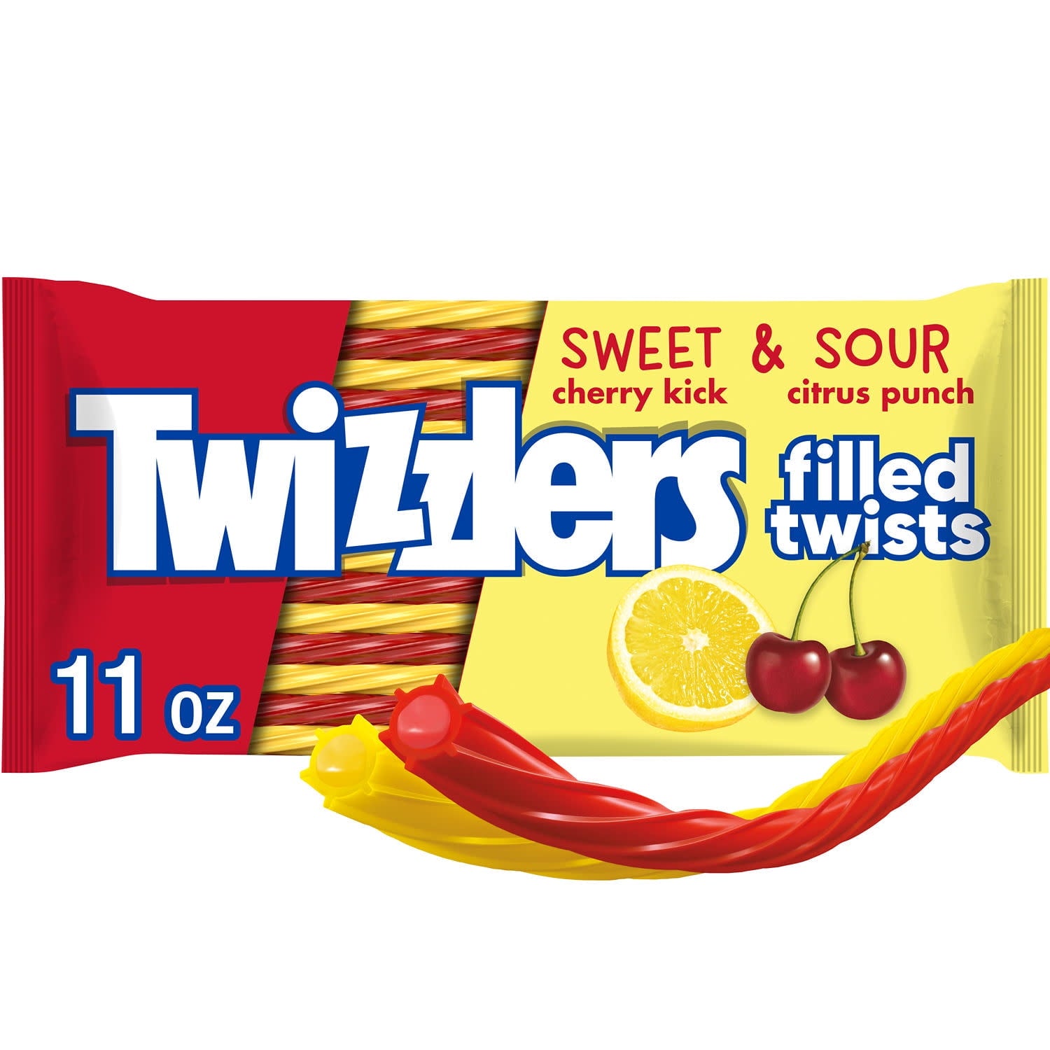 Add a little more sweet and sour pizazz to your everyday snack routine with TWIZZLERS Filled Twists Sweet and Sour chewy candy. Grab a few of these fruit flavored TWIZZLERS candies during your lunch break or share a few with your friends at a picnic. Better yet, keep a supply of TWIZZLERS Filled Twists for a family-fun movie marathon or for after dinner as a dessert. Grab all your favorite foods, including these fun candy pieces gushing with yummy cherry and citrus flavors. If you're ready for even more piz