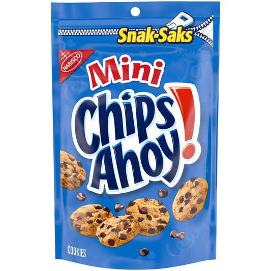 CHIPS AHOY! Mini Chocolate Chip Cookies are the CHIPS AHOY! cookies you know and love, bite-sized and baked to have the perfect amount of crunch. Make lunches at school or work more exciting by including CHIPS AHOY! mini cookies or use as party favors or take with you on the go as travel snacks. Regardless of the occasion these snack cookies snack packs make a simple treat or dessert.