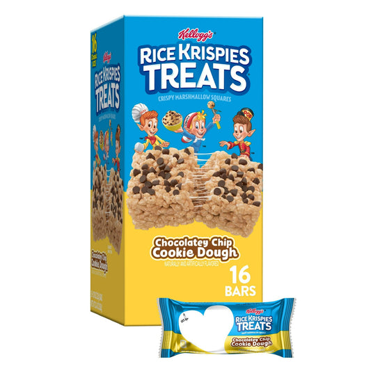 Make snack time a little sweeter and a lot more fun with irresistible chocolate chip cookie dough flavor mixed in each bite of Rice Krispies Treats Marshmallow Snack Bars. Each crispy marshmallow square is made with toasted rice cereal, gooey marshmallow flavor, and chocolatey chips for a delicious dessert or snack; Each bar celebrates the classic flavor combination of chocolate chip cookie dough. Enjoy these individually wrapped marshmallow bars which are perfectly portable for snacks at school, the office