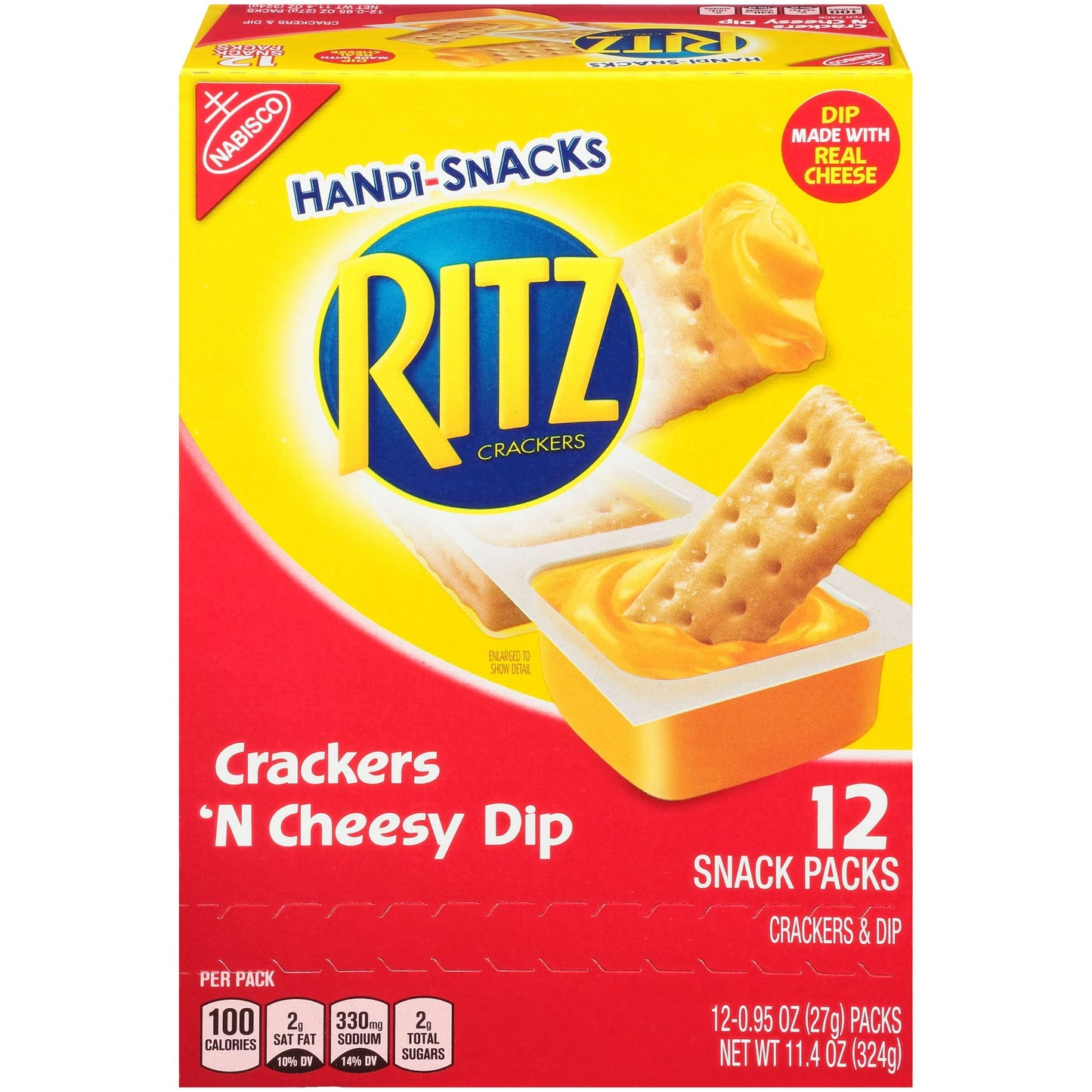 Handi-Snacks Ritz Crackers 'N Cheese Dip are the 100-calorie snack that kids and adults both love. Each Handi-Snack pack pairs rich Ritz crackers with tangy dip that's made with real cheese.