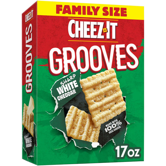 Discover the ridiculously craveable, bold flavor, and big crunch of Cheez-It Grooves Sharp White Cheddar crunchy cheese crackers. Each cracker delivers a bold kick of white cheddar cheese flavor, and crunchy ridges for an enjoyable snack any time of day. Cheez-It Grooves are made with 100% real cheese aged for a one-of a kind taste. Perfect for a bite at the office, movie night, family get-togethers, or as a solo late-night zesty treat; The cheesy options are endless. Ideal for on the go, Cheez-It Grooves a