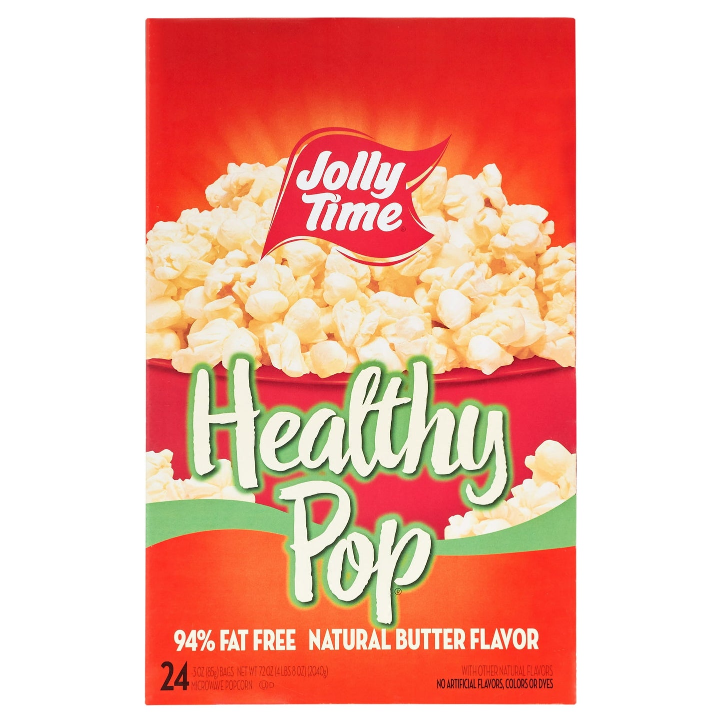 Healthy Pop 94% Fat-Free Butter Microwave Popcorn delivers a great butter taste with hardly any fat. Healthy Pop is high in fiber and has just two grams of fat per serving. If you are counting your calories and looking for a low-calorie snack, JOLLY TIME Healthy Pop Butter Popcorn contains only 20 calories per cup! That's 100 calories per 5-cup serving. This diet popcorn has no trans fats and no cholesterol. Our healthy popcorn is also made with 100% whole grain, gluten-free, and non-GMO popcorn kernels. Al