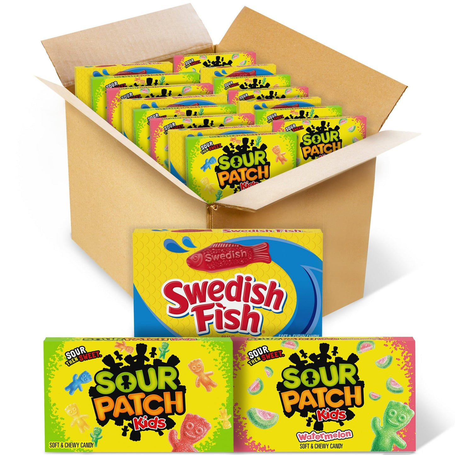 SOUR PATCH KIDS and SWEDISH FISH Soft & Chewy Candy Variety Pack make for a tasty and playful snack experience. This variety package of gummy snacks contains 15 candy boxes, including five SOUR PATCH KIDS Original Candy, five SOUR PATCH KIDS Watermelon Candy and five SWEDISH FISH Candy. Keep this assorted candy on-hand for quick snacks, care package add-ins or party favors for holidays or birthdays.