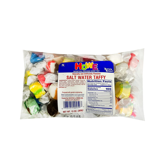 Satisfy your sweet tooth with this Howe Salt Water Taffy. It comes in a conveniently-sized pack that is ideal for sharing with family and friends. The 15 oz Howe candy features anise, banana, strawberry, wintergreen, watermelon, blueberry, chocolate, vanilla, orange, Neapolitan, peppermint and cinnamon flavors. It is also individually wrapped to ensure freshness. You can use this taffy for candy bowls, Halloween trick-or-treat and also for Easter eggs and baskets.